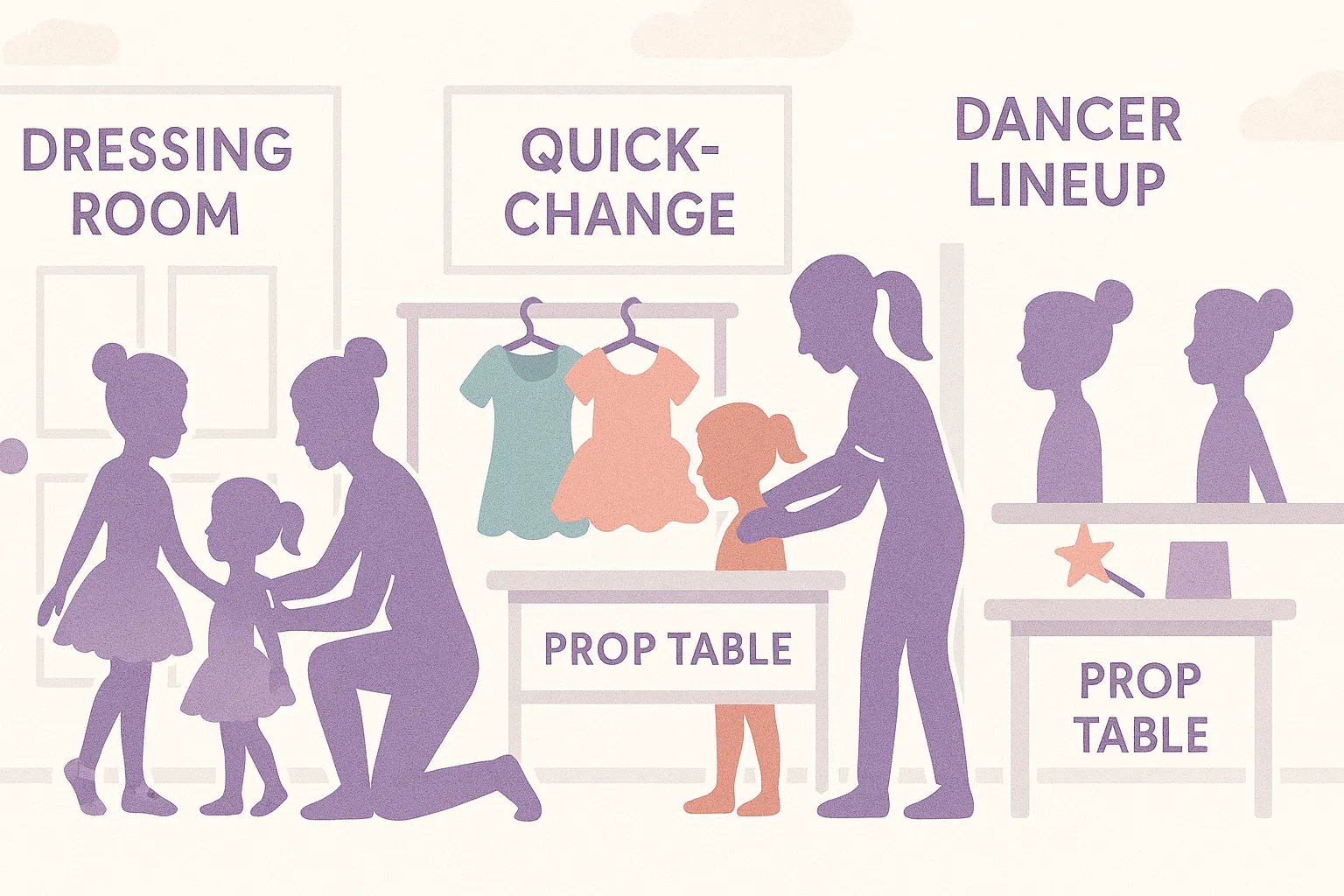 Organized backstage floor plan showing efficient layout for a dance recital