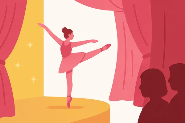 Ballerina performing on stage with audience silhouettes in the foreground