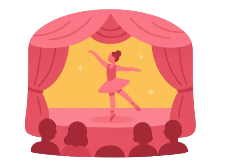 Ballet dancer performing on stage with theater curtains and audience