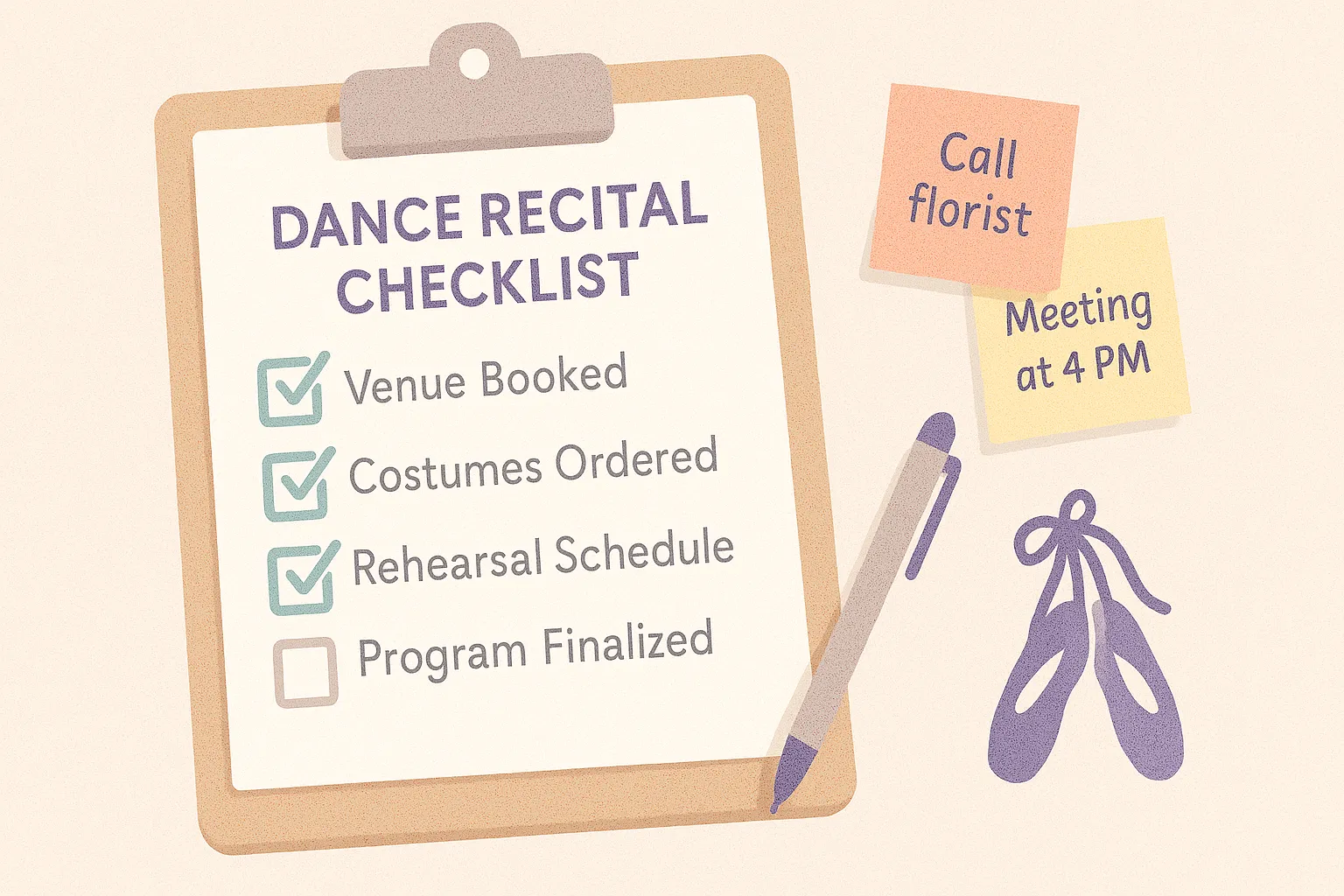 Dance recital planning checklist with key tasks and completion status