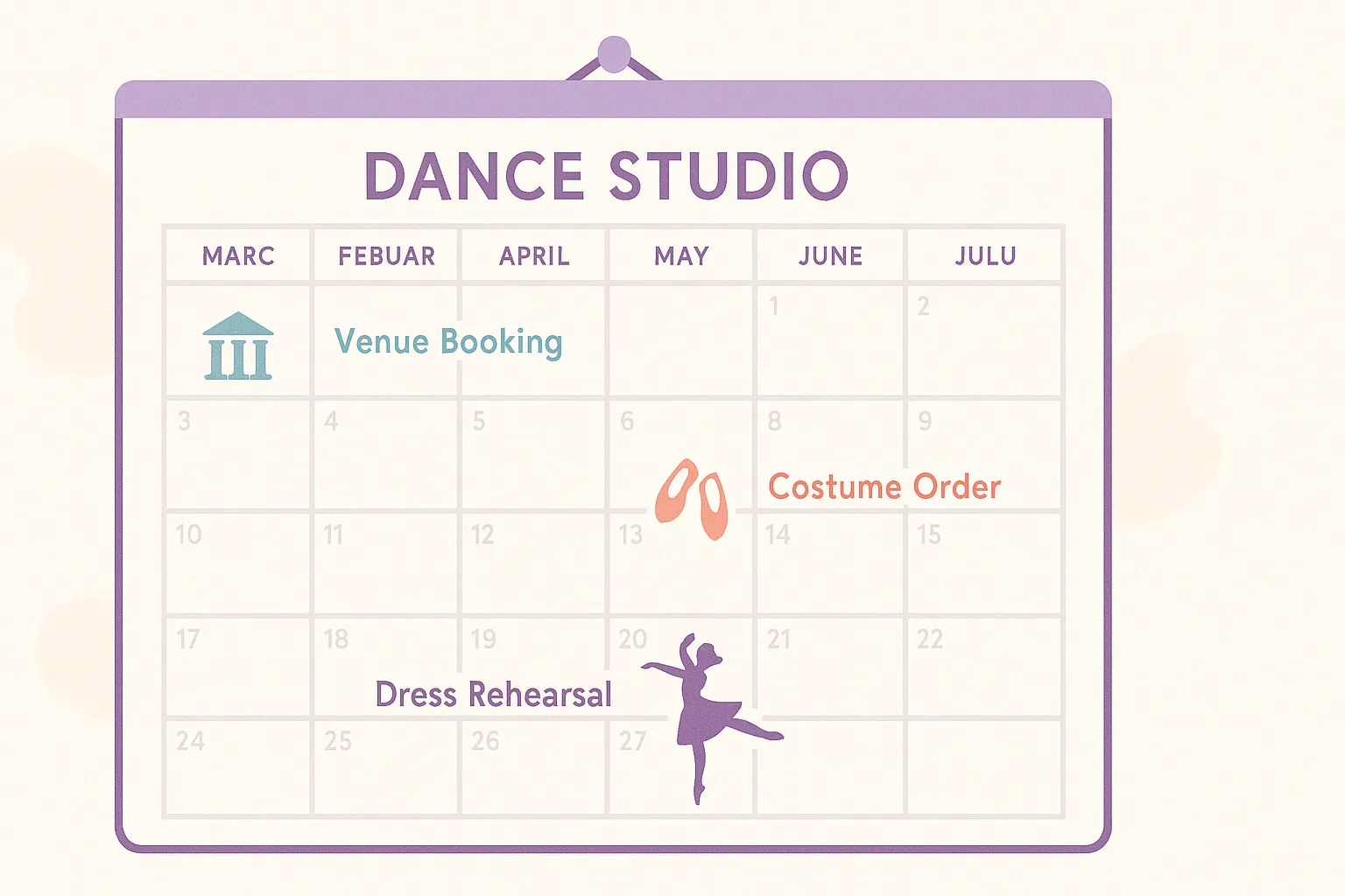Dance studio planning calendar highlighting key recital preparation deadlines across the year